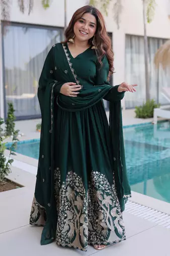 Green color rangoli crush embroidered heavy partywear gown