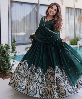 Green color rangoli crush embroidered heavy partywear gown 5