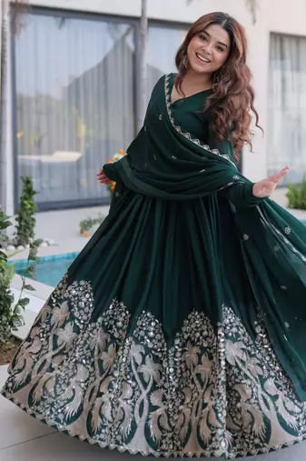 Green color rangoli crush embroidered heavy partywear gown
