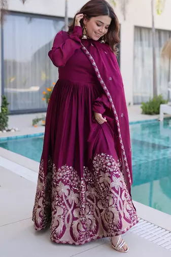 Wine color rangoli crush fabric designer embroidered heavy partywear gown