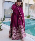 Wine color rangoli crush fabric designer embroidered heavy partywear gown