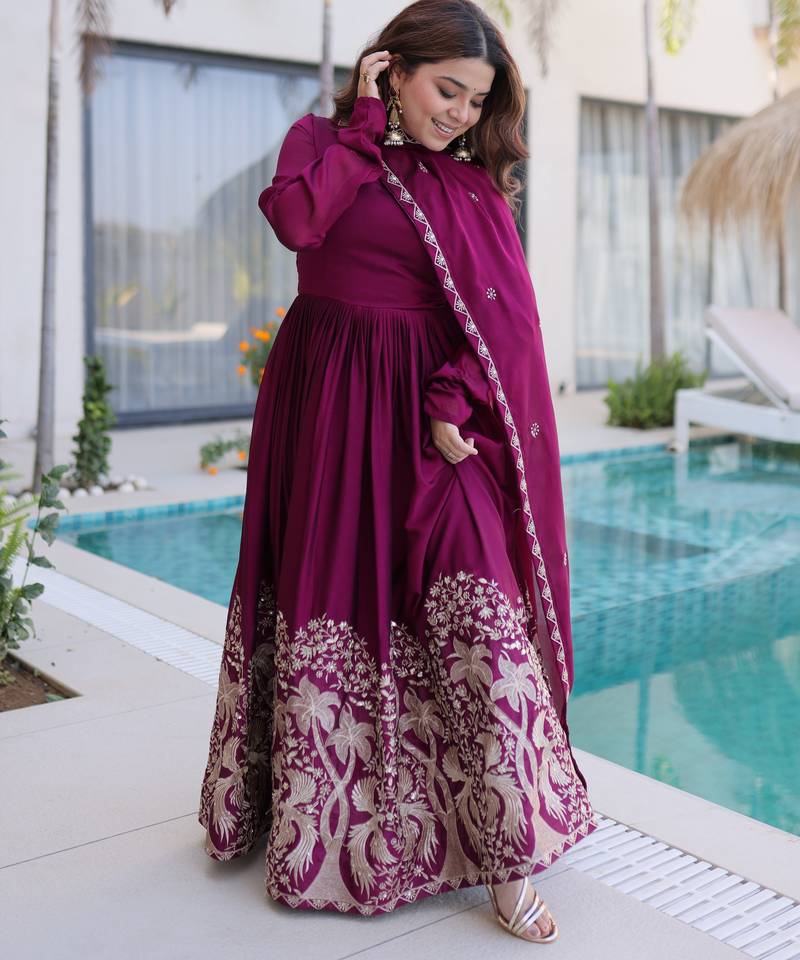 Wine color rangoli crush fabric designer embroidered heavy partywear gown