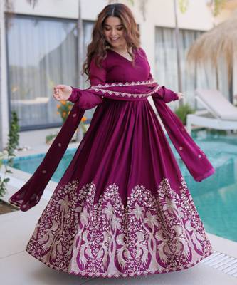 Wine color rangoli crush embroidered heavy partywear gown 3