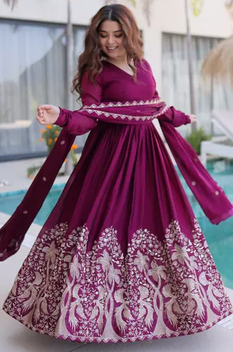 Wine color rangoli crush embroidered heavy partywear gown