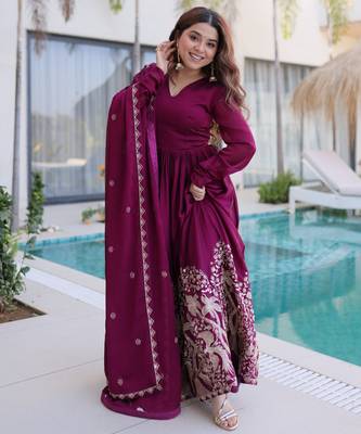 Wine color rangoli crush embroidered heavy partywear gown 4