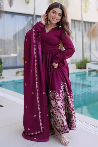 Wine color rangoli crush embroidered heavy partywear gown