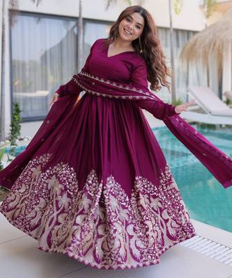 Wine color rangoli crush embroidered heavy partywear gown 5