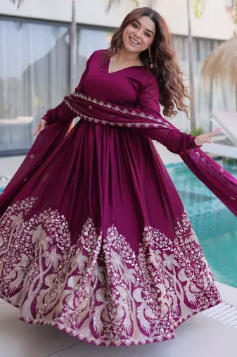 Wine color rangoli crush embroidered heavy partywear gown