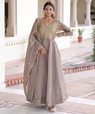 Grey color gold crush embroidered heavy partywear gown 1