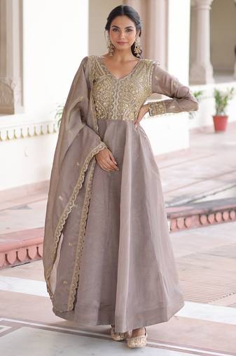 Grey color gold crush fabric designer embroidered heavy partywear gown
