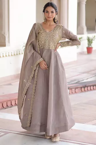 Grey color gold crush fabric designer embroidered heavy partywear gown