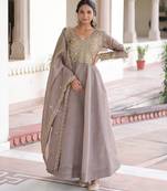 Grey color gold crush fabric designer embroidered heavy partywear gown