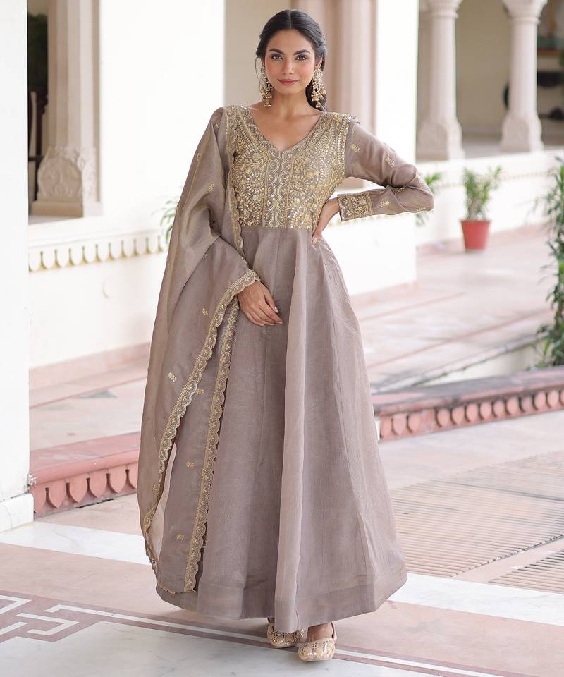 Grey color gold crush fabric designer embroidered heavy partywear gown