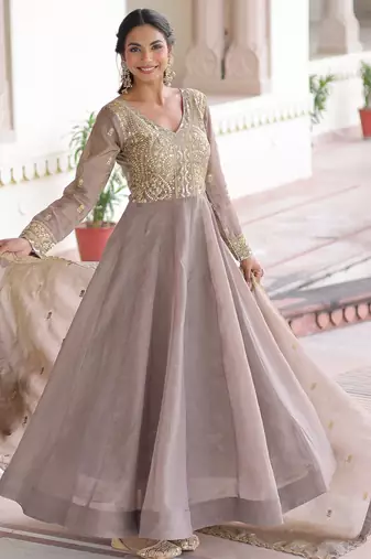 Grey color gold crush embroidered heavy partywear gown