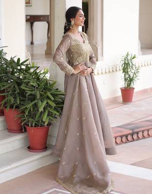 Grey color gold crush embroidered heavy partywear gown 4