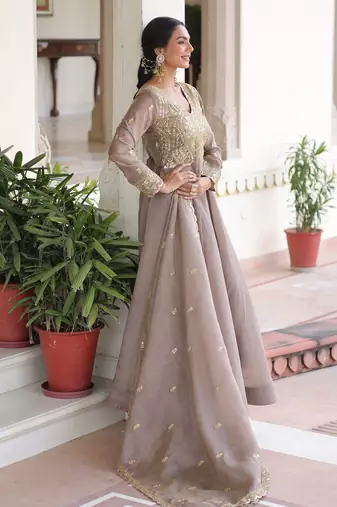 Grey color gold crush embroidered heavy partywear gown