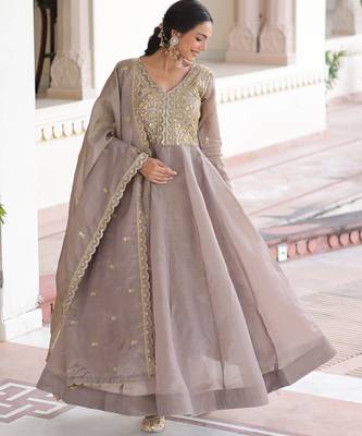Grey color gold crush embroidered heavy partywear gown 5