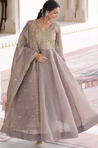 Grey color gold crush embroidered heavy partywear gown