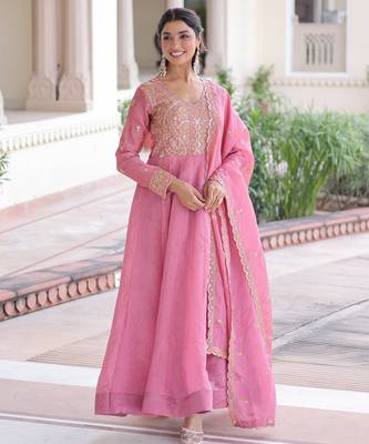 Pink color gold crush embroidered heavy partywear gown 1