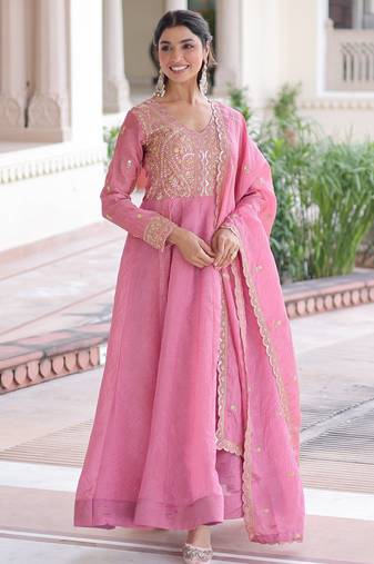 Pink color gold crush fabric designer embroidered heavy partywear gown
