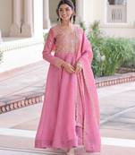 Pink color gold crush fabric designer embroidered heavy partywear gown