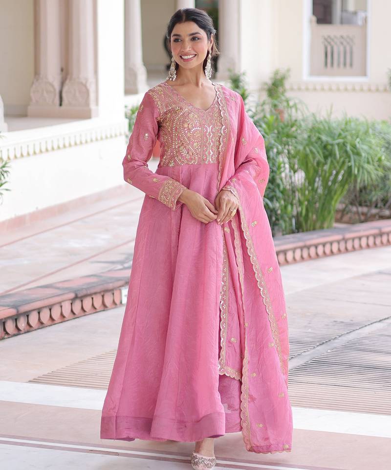 Pink color gold crush fabric designer embroidered heavy partywear gown