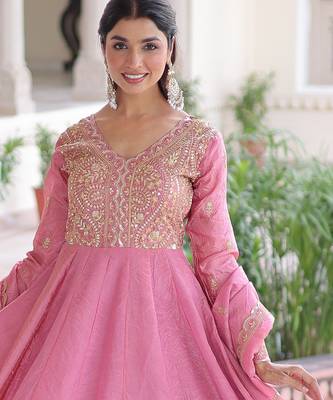 Pink color gold crush embroidered heavy partywear gown 2