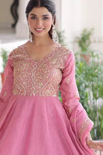 Pink color gold crush embroidered heavy partywear gown