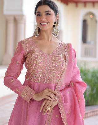Pink color gold crush embroidered heavy partywear gown 3