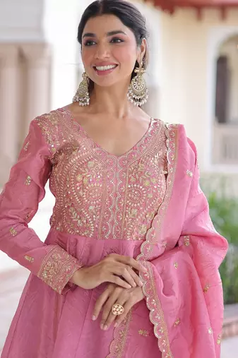 Pink color gold crush embroidered heavy partywear gown