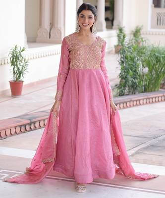 Pink color gold crush embroidered heavy partywear gown 4