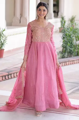 Pink color gold crush embroidered heavy partywear gown