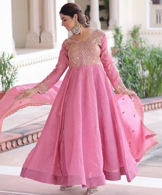 Pink color gold crush embroidered heavy partywear gown 5