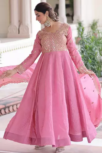 Pink color gold crush embroidered heavy partywear gown