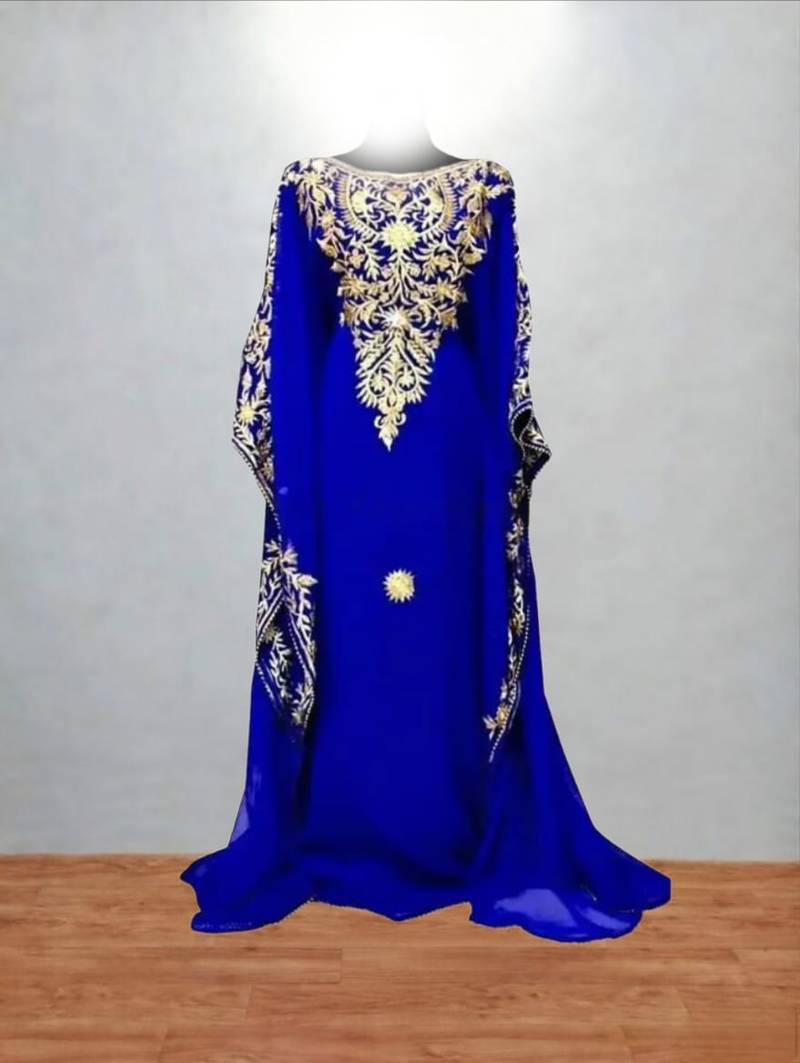 Luxurious Blue Kaftan With Gold Work Stitched Dress