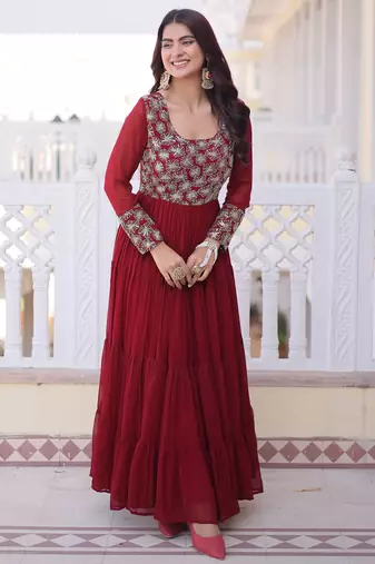 Marvelous Maroon Sequins Georgette Wedding Wear Gown