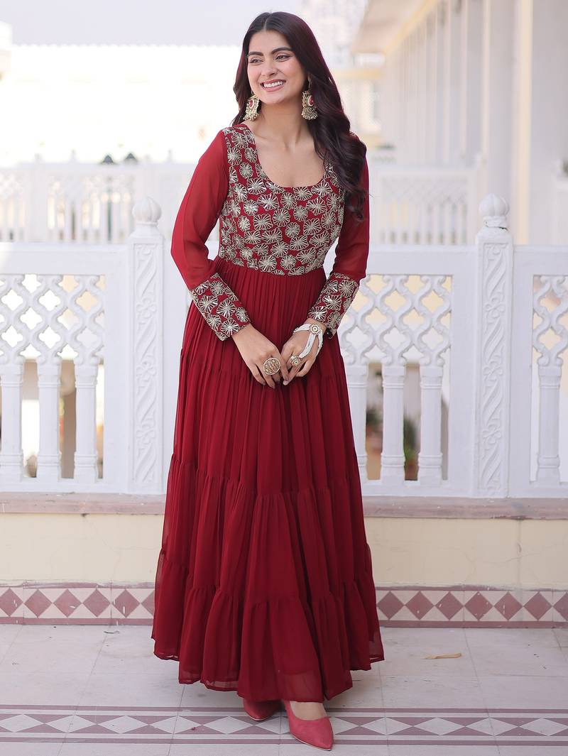 Marvelous Maroon Sequins Georgette Wedding Wear Gown