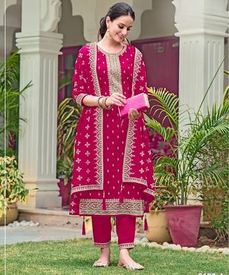 Red faux georgette suit with embroidered sequin  1