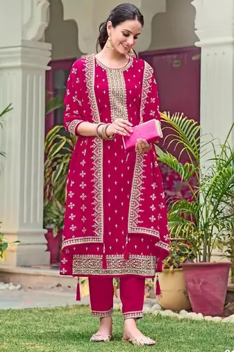 Red faux georgette semi stitched suit with embroidery & sequence work