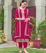 Red faux georgette semi stitched suit with embroidery & sequence work