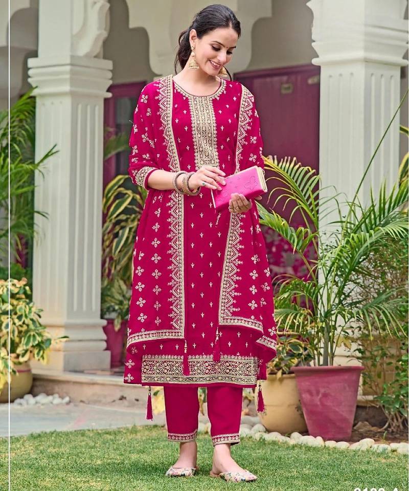 Red faux georgette semi stitched suit with embroidery & sequence work