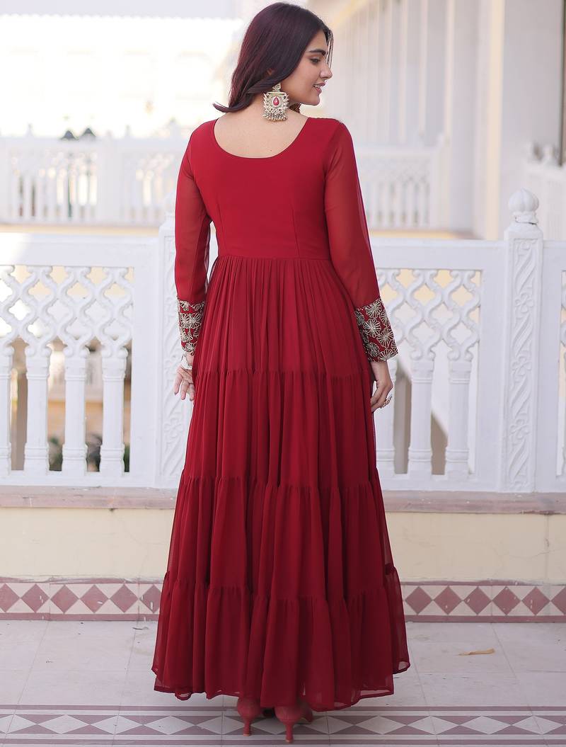 Marvelous Maroon Sequins Georgette Wedding Wear Gown
