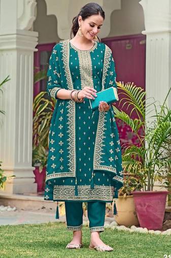 Emerald faux georgette semi stitched suit with embroidery & sequence work