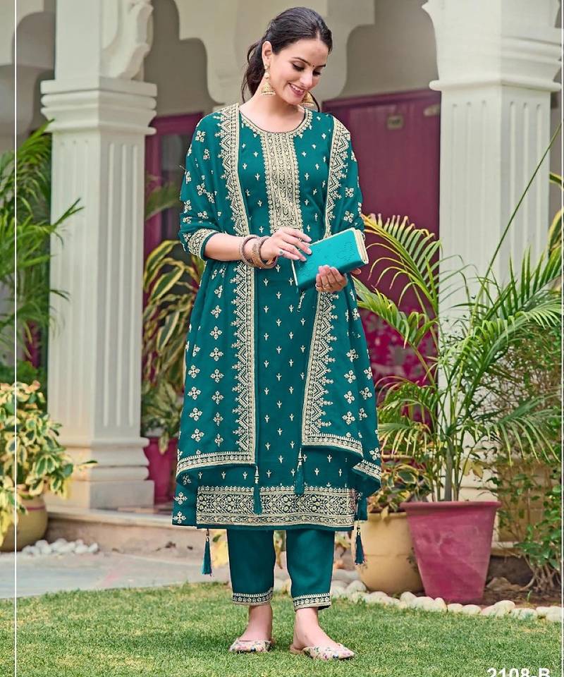 Emerald faux georgette semi stitched suit with embroidery & sequence work