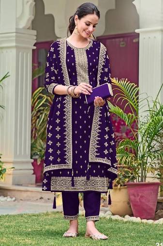 Violet faux georgette semi stitched suit with embroidery & sequence work