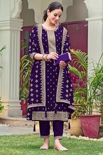 Violet faux georgette semi stitched suit with embroidery & sequence work