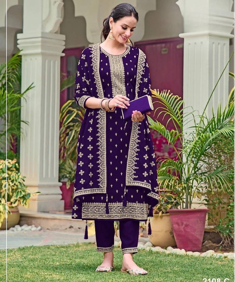 Violet faux georgette semi stitched suit with embroidery & sequence work