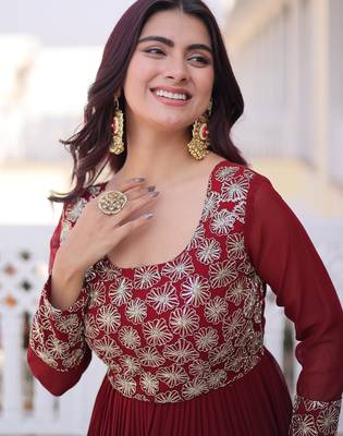 Marvelous Maroon Sequins Georgette Wedding Wear Gown 9
