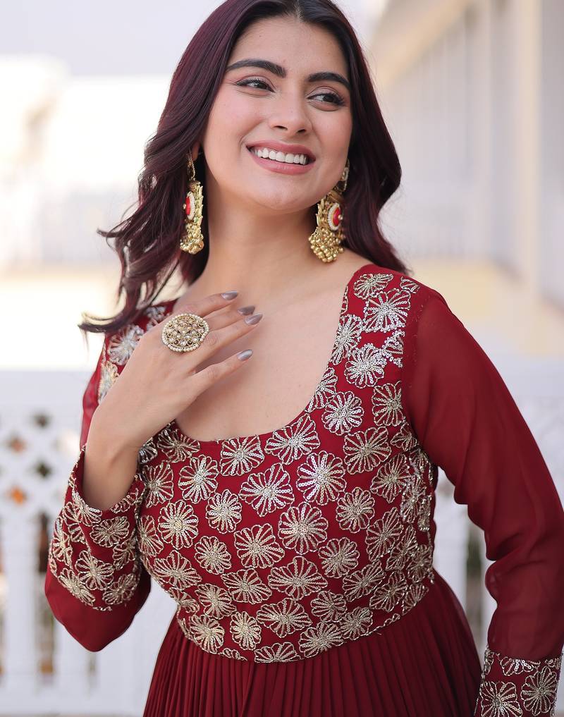 Marvelous Maroon Sequins Georgette Wedding Wear Gown