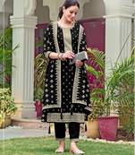 Black faux georgette semi stitched suit with embroidery & sequence work